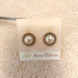 Vintage Signed M&J White Cream Faux Pearl Stud Button Gold Tone Earrings